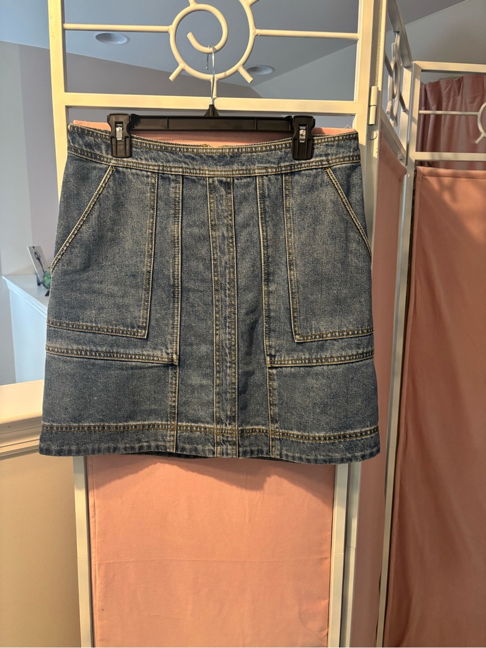 CAbi Blue Denim Paneled Mini Skirt style #6571